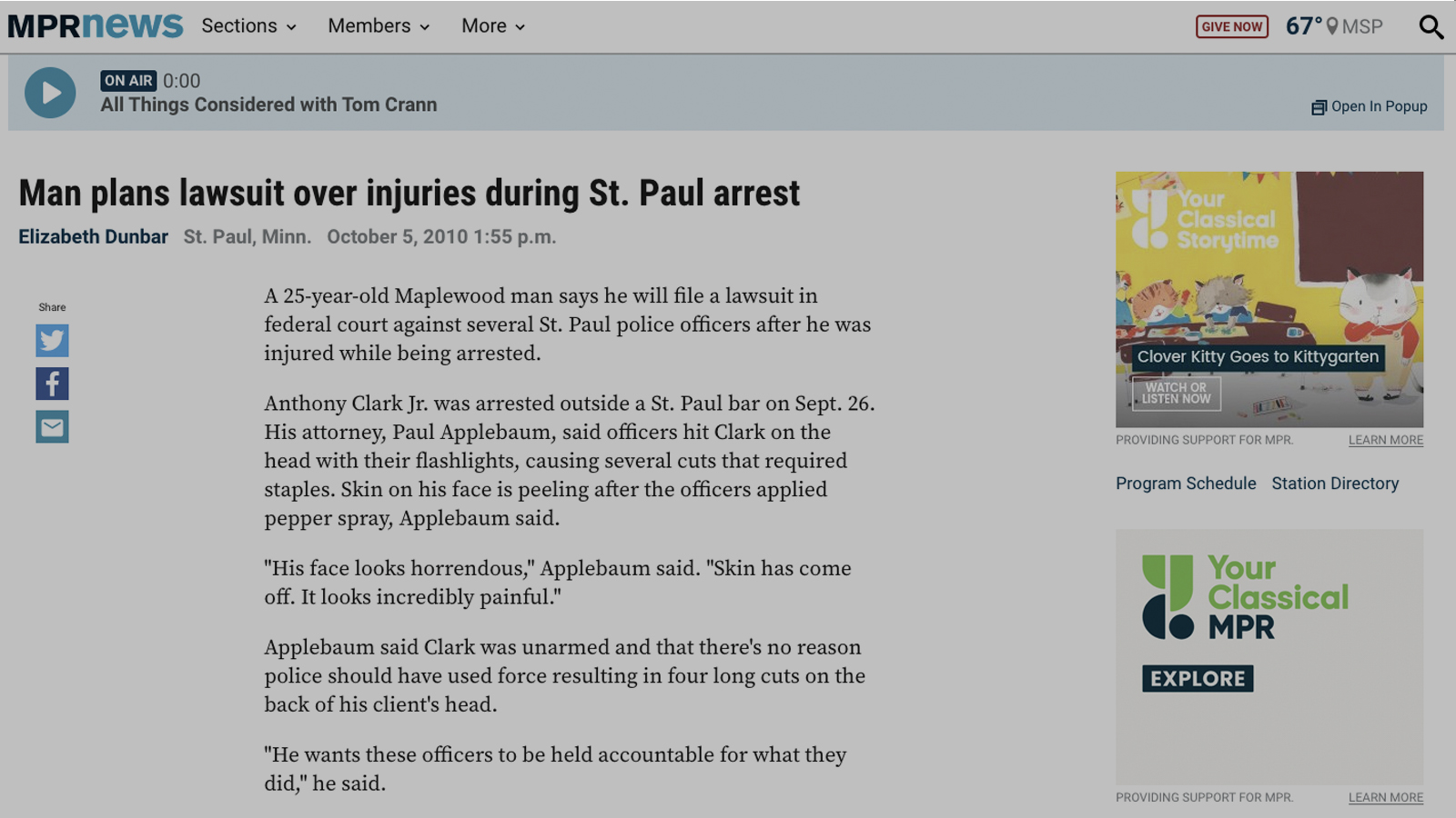 Man Sues St. Paul Police Officers, Saying He Was Beaten Without Cause